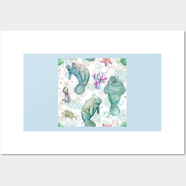 Cute Manatees Underwater  All Over Tote Bag Wall Art by candiscamera